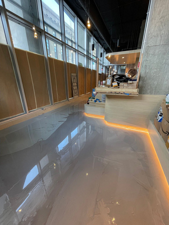 The OCF Coffee House needed two specialized epoxy floors - REFLECTOR™ for main area and HERMETIC™ Flake for kitchen installed by DCE Flooring LLC 26