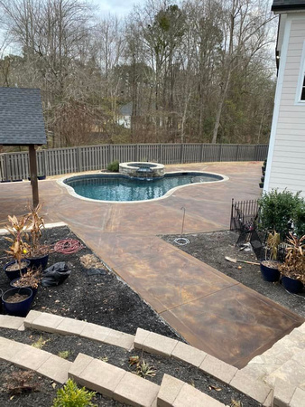 Pool deck, patio & walkway overlay with PCC in terra cotta, brick, blue slate & platium, chem-stone in red, umber & tan at Jones Creek Neighborhood in Evans, GA by The Surface Pros, Inc. 13
