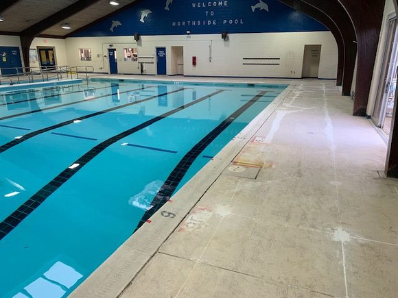 Norfolk, VA indoor pool deck knock down Thin-finish and ccs with stenciled depth markers by Distinguished Designs Decorative Concrete Coatings and Epoxy Floors @ddconcrete.net - 11