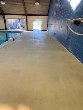 Norfolk, VA indoor pool deck knock down Thin-finish and ccs with stenciled depth markers by Distinguished Designs Decorative Concrete Coatings and Epoxy Floors @ddconcrete.net - 4
