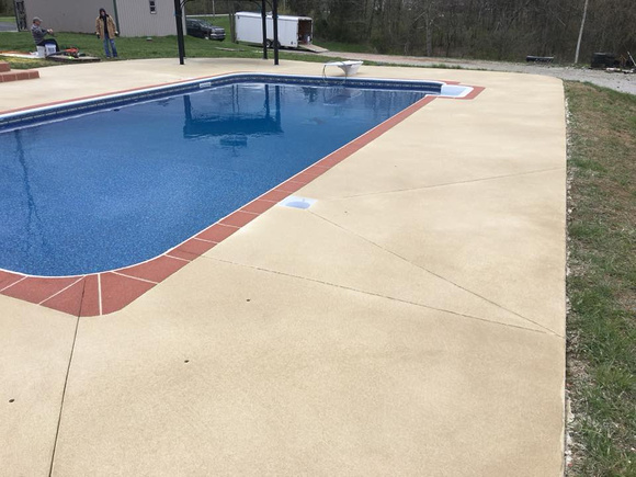 Pool with brick border by Grant's Custom Coatings @creativeconcreteoverlays - 2