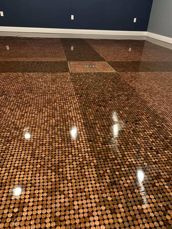 Penny and silver dollar floor using E100-VR1 100% solids epoxy top coat by Martinez Flooring - 3