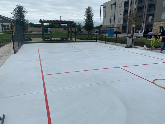 Pickleball court thin-finish PCC blue slate with green slate border with 3 gazebo areas thin-finish by Texas Concrete Design - 10