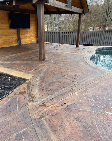 Pool deck, patio & walkway overlay with PCC in terra cotta, brick, blue slate & platium, chem-stone in red, umber & tan at Jones Creek Neighborhood in Evans, GA by The Surface Pros, Inc. 6