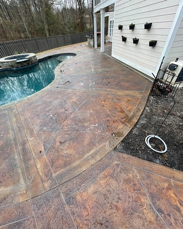 Pool deck, patio & walkway overlay with PCC in terra cotta, brick, blue slate & platium, chem-stone in red, umber & tan at Jones Creek Neighborhood in Evans, GA by The Surface Pros, Inc. 7