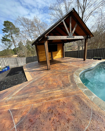 Pool deck, patio & walkway overlay with PCC in terra cotta, brick, blue slate & platium, chem-stone in red, umber & tan at Jones Creek Neighborhood in Evans, GA by The Surface Pros, Inc. 5