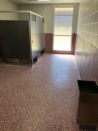 Culinary school bathroom red flake wall by All Phase CPI Inc. @AllPhaseCPI.com.EliteCrete - 4