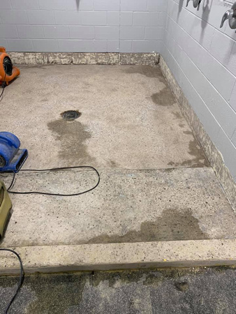 Shower units at Thomas Creek ice arena step by step-1-Grinded of exsisting coatings 2-preceptor 3-Vb5 4-pt4 double broadcast 5-pt4 grout coat 6-Ausv 7-safety yellow by Avella painting inc - 6