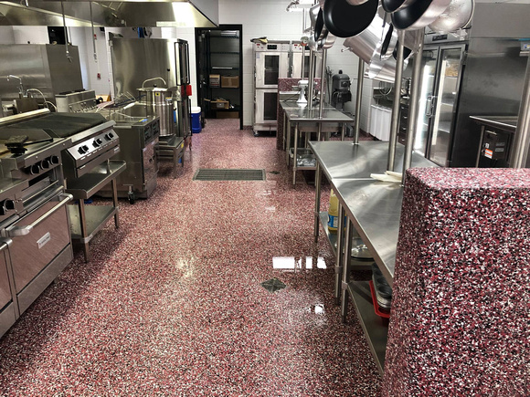 Culinary school kitchen red flake wall by All Phase CPI Inc. @AllPhaseCPI.com.EliteCrete - 11